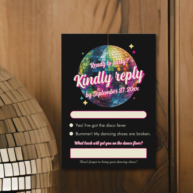 Retro 70's Party Disco Ball Sparkle Glam Wedding  RSVP Card (Front view retro 70s disco ball wedding fun nightlife statement wedding RSVP Card)