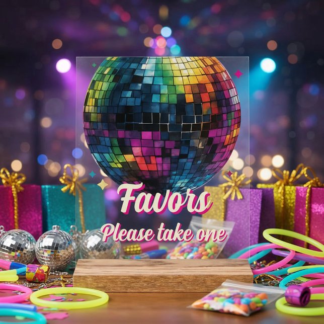 Retro 70's Party Disco Ball Wedding Favours Acrylic Sign (Front view retro 70s disco ball wedding fun nightlife statement wedding Favor Sign)