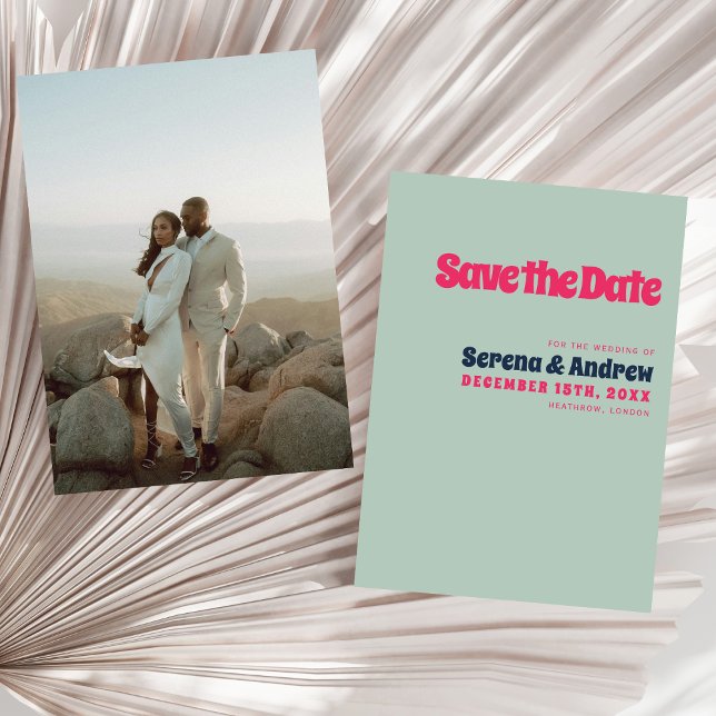Retro 70s Pastel Blue Pink Groovy Typography Photo Save The Date (Creator Uploaded)