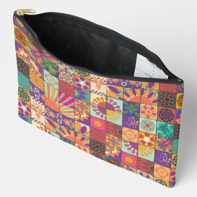 Retro 70s Patchwork Zippered Pouch (Open)