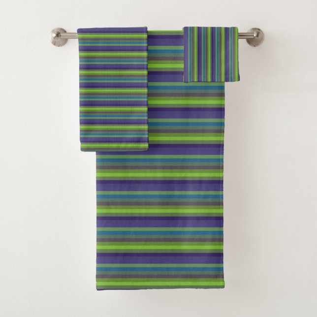 Retro 70s Peacock Palette Vertical Stripes Bath Towel Set (Insitu)