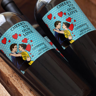 Retro 70's Pop Art Comic Book Romantic Fun Wedding Wine Label