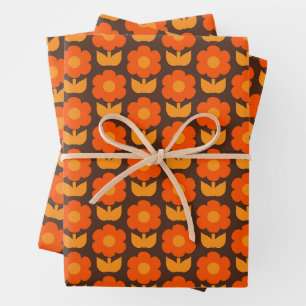 Retro 70s Primrose Flower Pattern Orange & Brown Wrapping Paper Sheet
