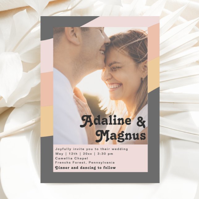 Retro 70's Rainbow Dark Casual Faded Photo Wedding Invitation (Creator Uploaded)