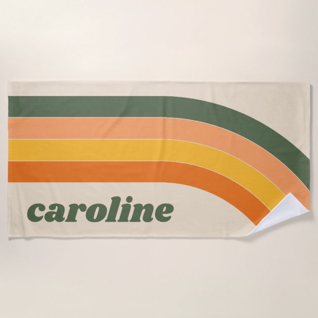 Retro 70s Rainbow Green Orange Personalised Name Beach Towel (Front)