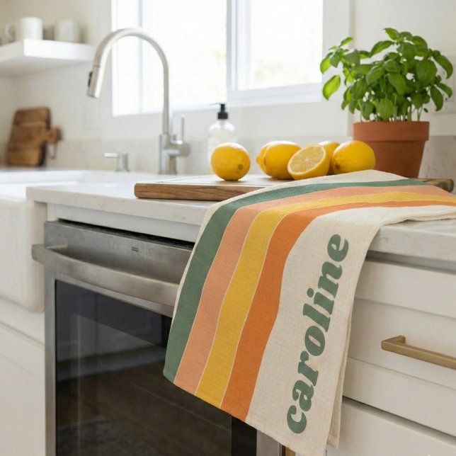 Retro 70s Rainbow Green Orange Personalised Name Tea Towel (Creator Uploaded)