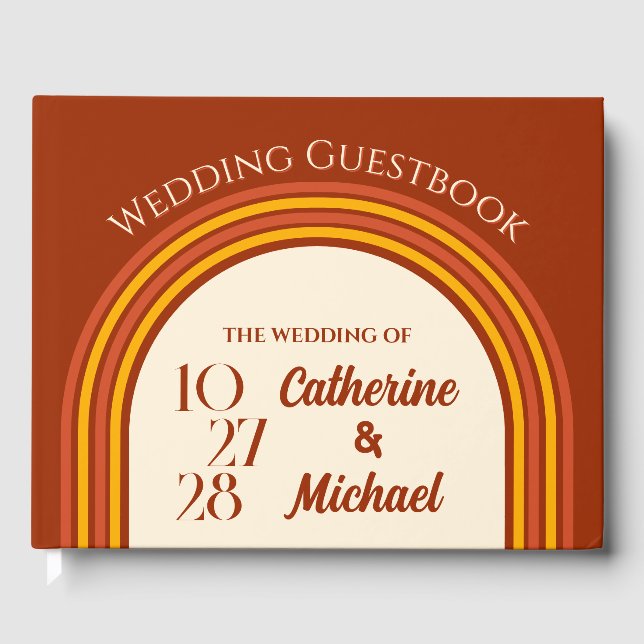 Retro 70s Rainbow Groovy Arch Photo Wedding Guest Book (Front)