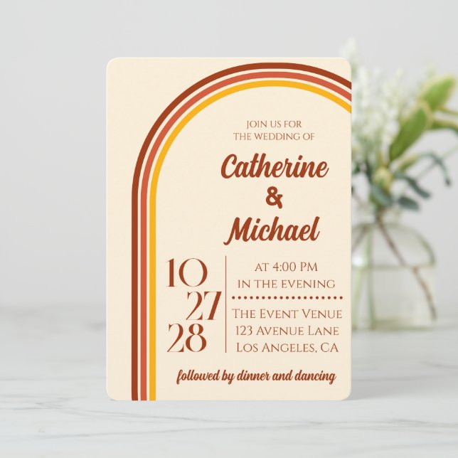 Retro 70s Rainbow Groovy Arch Photo Wedding Invitation (Standing Front)