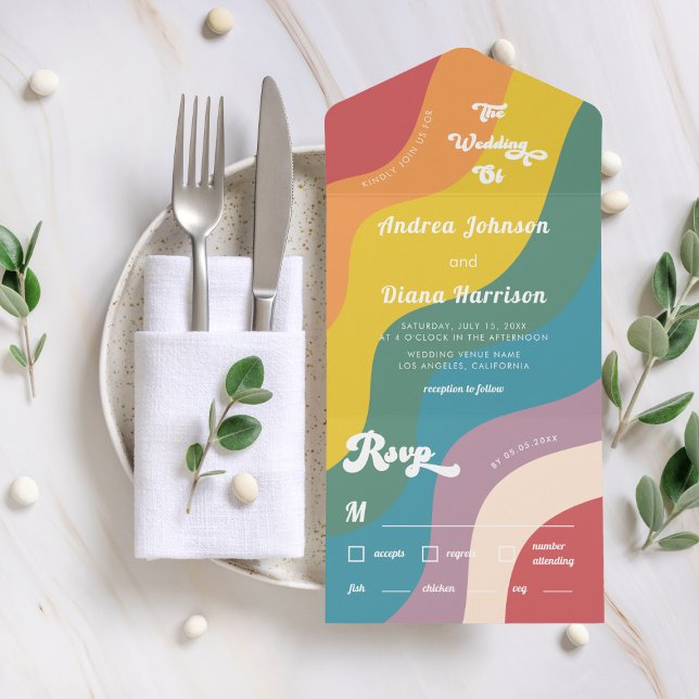 Retro 70s Rainbow Waves LGBTQ Gay Pride Wedding All In One Invitation (Creator Uploaded)