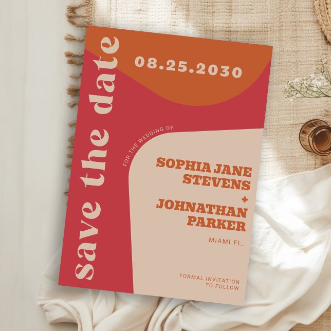 Retro 70s red orange beige wedding save the date (Creator Uploaded)