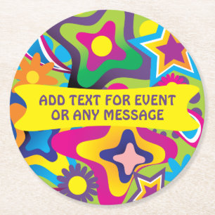 Retro 70s shapes in bright colours any text round paper coaster