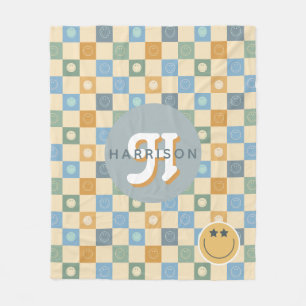 Retro 70s Smile Face Boho Chequered  Fleece Blanket