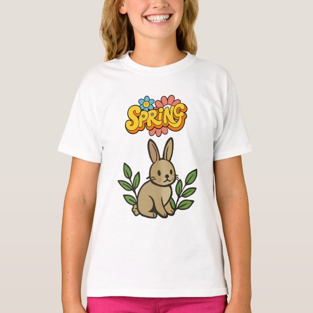 Retro 70s Spring Bunny Graphic Design T-Shirt (Front)