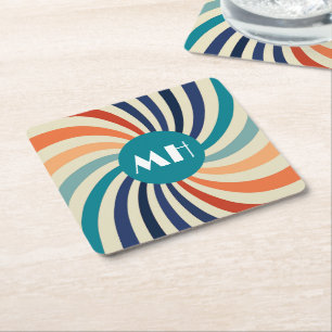 Retro 70s Starburst Monogram     Square Paper Coaster