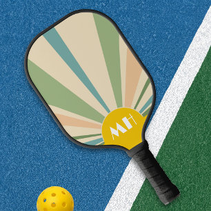 Retro 70s Starburst Sunrise Stripes Monogram Pickleball Paddle