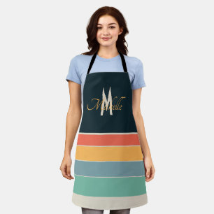 Retro 70s Stripe Navy Blue & Mustard Monogram Name Apron