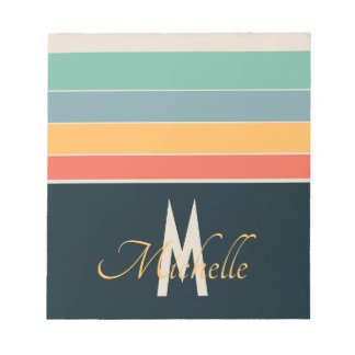 Retro 70s Stripe Navy Blue & Mustard Monogram Name Notepad