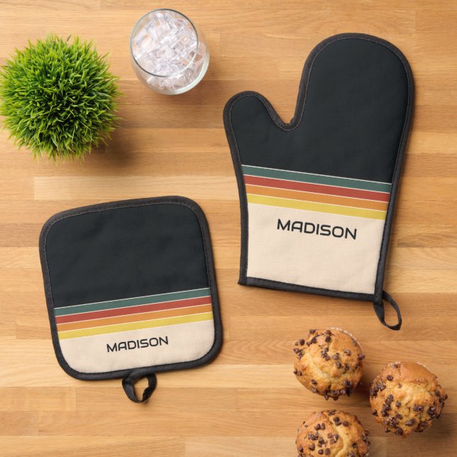Retro 70s Stripes Personalised Oven Mitt & Pot Holder Set (Top Down)