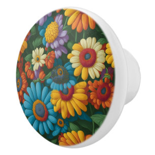 Retro 70s style colorful daisies  ceramic knob