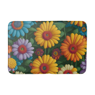 Retro 70s style colourful daisies  bath mat