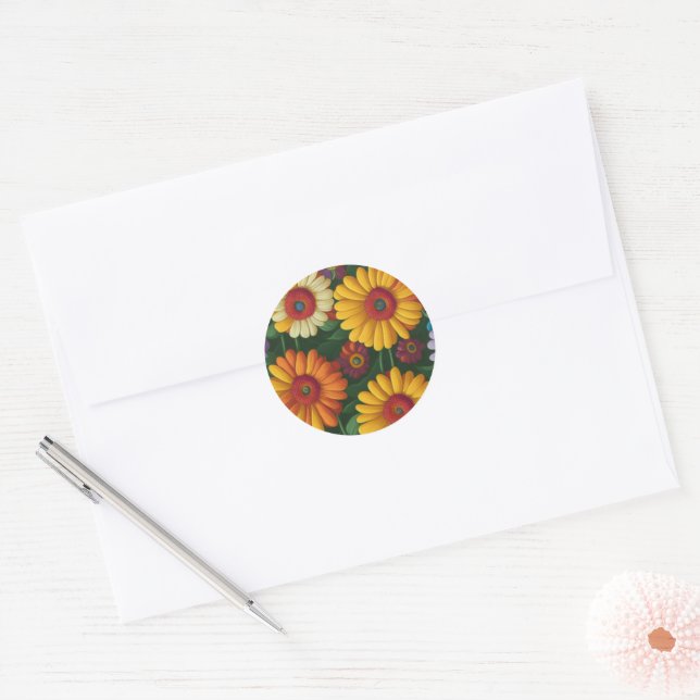 Retro 70s style colourful daisies  classic round sticker (Envelope)