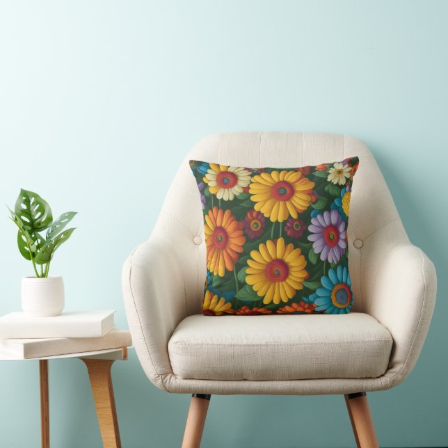 Retro 70s style colourful daisies  cushion (Chair)