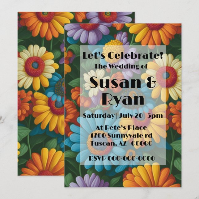 Retro 70s style colourful daisies  invitation (Front/Back)