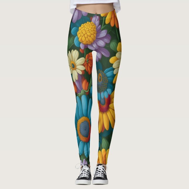 Retro 70s style colourful daisies  leggings (Front)