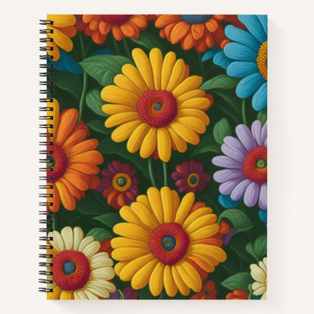 Retro 70s style colourful daisies  notebook (Front)