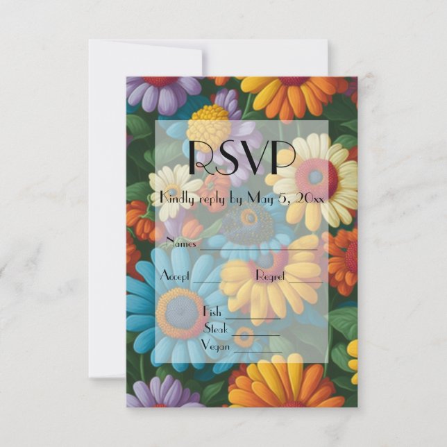 Retro 70s style colourful daisies  RSVP card (Front)