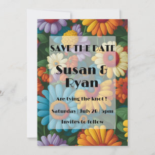 Retro 70s style colourful daisies  save the date