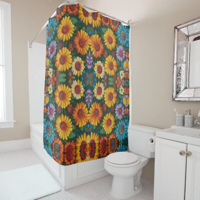 Retro 70s style colourful daisies  shower curtain (In Situ)