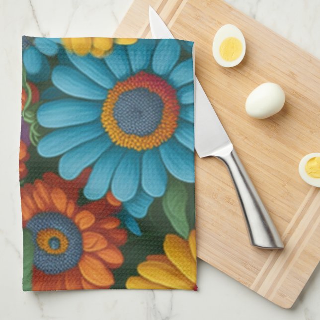 Retro 70s style colourful daisies  tea towel (Quarter Fold)