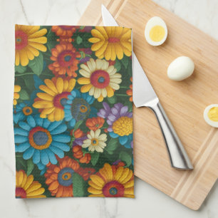 Retro 70s style colourful daisies  tea towel
