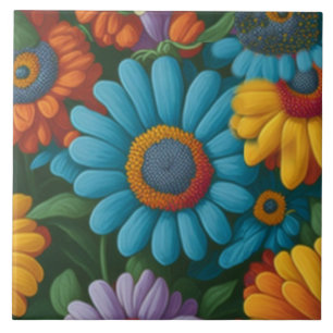 Retro 70s style colourful daisies  tile