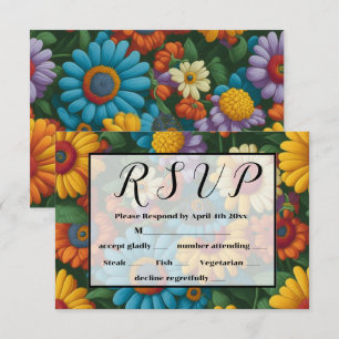 Retro 70s style colourful daisies vintage flowers RSVP card