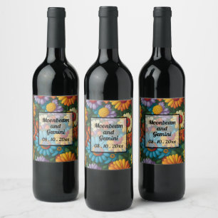 Retro 70s style colourful daisies wine label