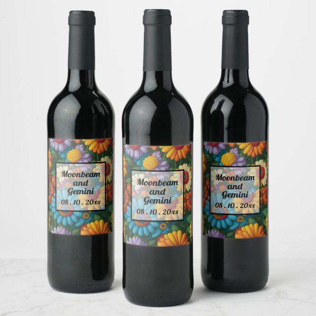 Retro 70s style colourful daisies  wine label (Bottles)