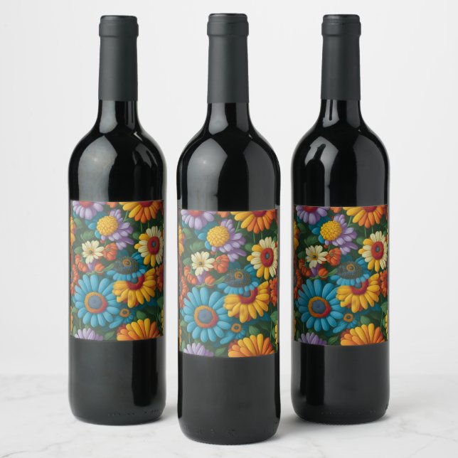 Retro 70s style colourful daisies  wine label (Bottles)