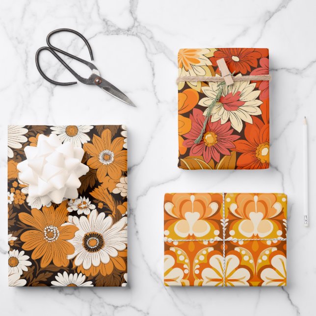Retro 70s style floral pattern wrapping paper sheet (Front)