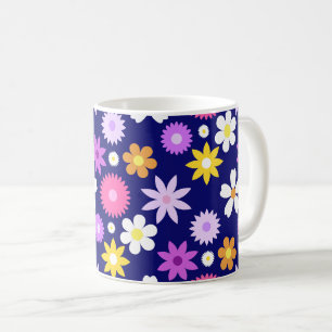 Retro 70s Style Flower Big Pattern on Dark Blue Coffee Mug