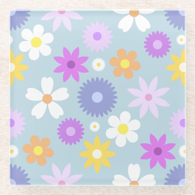 Retro 70s Style Flower Lg Pattern Pastel Colours Glass Coaster (Front)