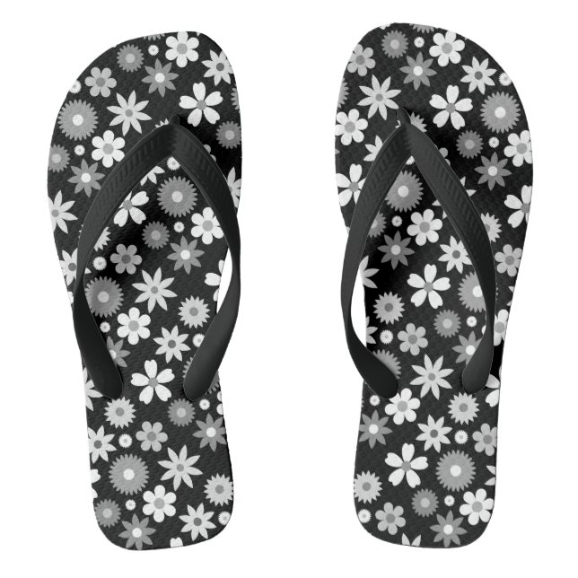 Retro 70s Style Flower Monochrome Rpt Pattern Flip Flops (Footbed)