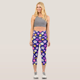 Retro 70s Style Flower Pattern on Dark Blue Capri Leggings