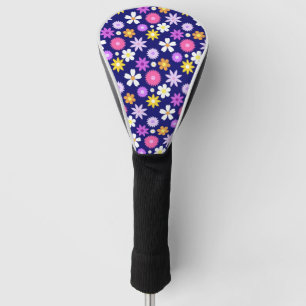 Retro 70s Style Flower Pattern on Dark Blue Golf Head Cover