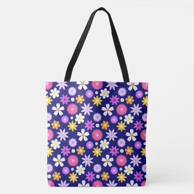 Retro 70s Style Flower Pattern on Dark Blue Tote Bag (Front)