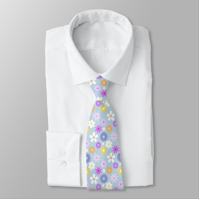 Retro 70s Style Flower Pattern Pastel Colours Tie (Tied)