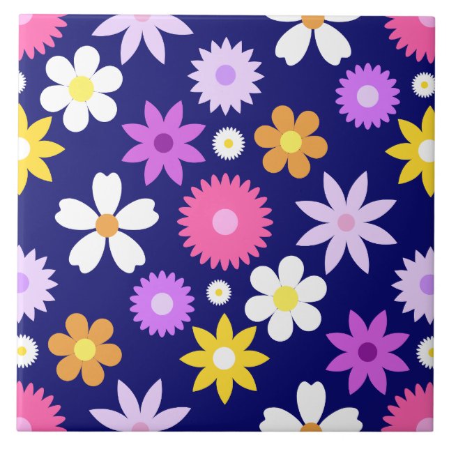 Retro 70s Style Flower Rpt Pattern on Dark Blue Tile (Front)