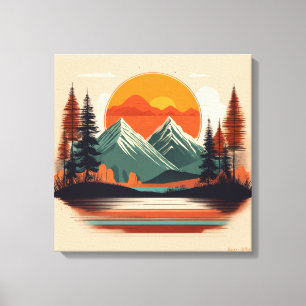 Retro 70s Sunset Mountain Canvas   Vintage Nature