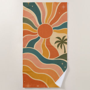 Retro 70s Sunset Waves & Palm Trees Aesthetic Beach Towel